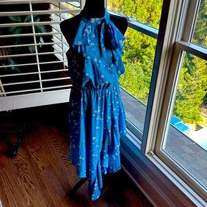 Floral blue, black and white dress by Parker. Beautifully made!